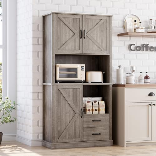 GarveeHome Modern Kitchen Pantry Cabinet with Microwave Stand, Tall Hutch Bar Cabinet with Drawers & Adjustable Shelves, Large Wood Storage for Dining Room, Living Room, Rustic Grey
