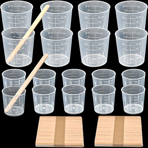 YOTINO 100 Pack 30ml and 60ml Plastic Graduated Cups Clear Measuring Cups with 100 Pack Wooden Stirring Sticks for Mixing Paint, Stain, Epoxy, Resin