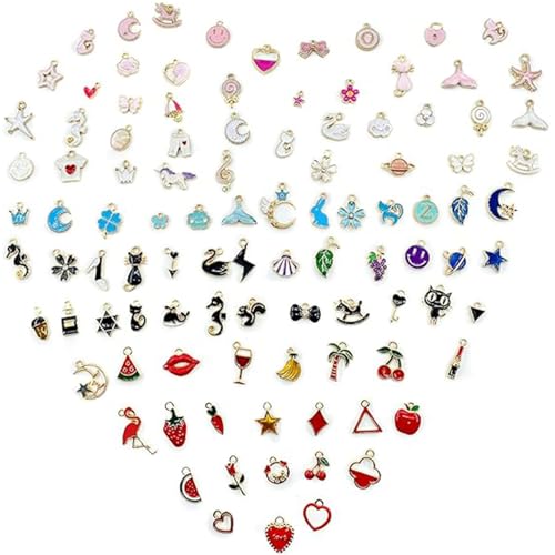 100Pcs Charms for Jewelry Making, Bulk Colorful Gold-Plated Pendants Craft Supplies Enamel for Women, Assorted Wholesale Mixed Color Shape Metal Charms for DIY Necklace Bracelet Earring Jewelry Making Crafting