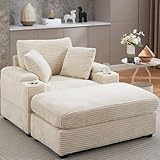 Oversized Corduroy Chaise Lounge Chair Indoor with Storage and Ottoman, Sleeper Chair with Cup Holder, Deep Seat Upholstered Sofa Bed, Reclining Chair for Living Room, Bedroom, Office Beige
