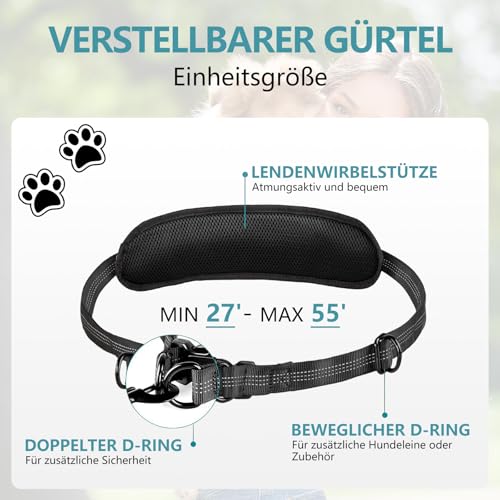 Moorstdel Joggingleine mit Bauchgurt für 2 Hunde,Verstellbar Übungsleine,Freihandleinen für Doppelter Hunde,mit Reflektierend Elastisch Laufleine und Dual Griffe zum Joggen und Walken