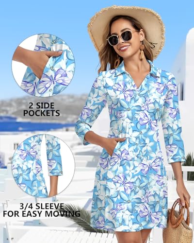 Image of WOWENY 3 /4 Sleeve Dress for Women with Pockets V Neck UPF 50+ Casual Sun Dress Breathable Quick Dry Beach Vacation