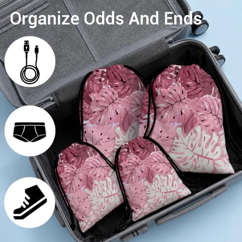 Image of Drawstring Storage Bag Palm Leaf Pink Gym Bags for Beach Cloth Shoes Toiletries