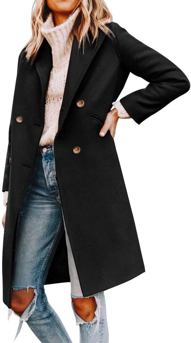 Womens Notched Lapel Collar Double Breasted Pea Coat Winter Wool Blend Over Coats Long Jackets
