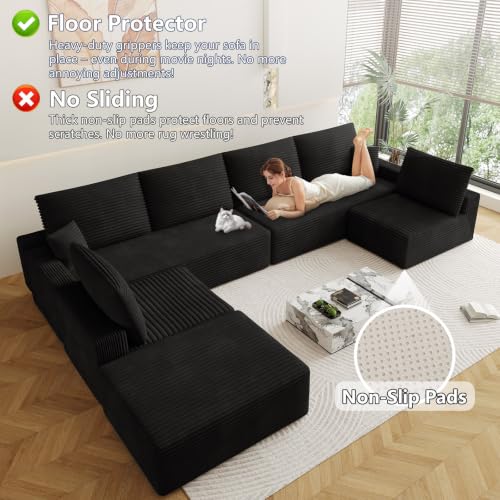 Image of Oversized Modular Sectional Sofa Couch, Large 7 Seater Corner Sofa Modern U Shaped Sectional Couch with Ottoman Cloud Couches for Living Room, Office, Spacious Space, Corduroy, No Assembly, Black