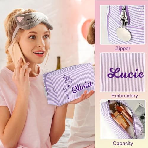Personalized Seersucker Makeup Bag with Embroidered Name&Birth Flower,Custom Small Travel Cosmetic Bag Toiletry Bag Wedding Gifts for Bridesmaid Bride4
