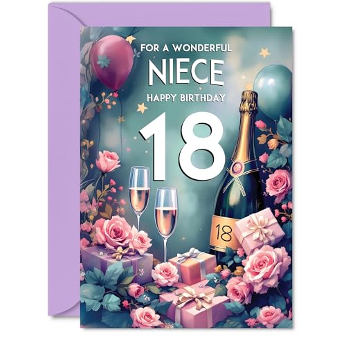 Carte anniversaire 18 ans nièce - Cadeaux roses bouteille champagne, cartes belles A5