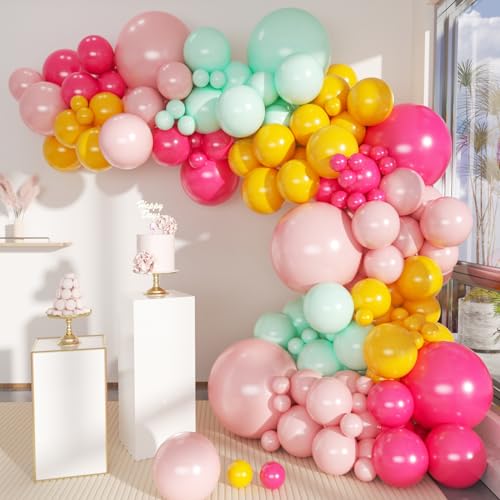 Image of MEBAY Balloons Arch Kit, 146Pcs Matte Rose Red Tender Pink Macaron Green Yellow Latex Balloon Different Sizes 18 12 10 5 Inch for Birthday Baby Bridal Shower Wedding Party Backdrop Decorations