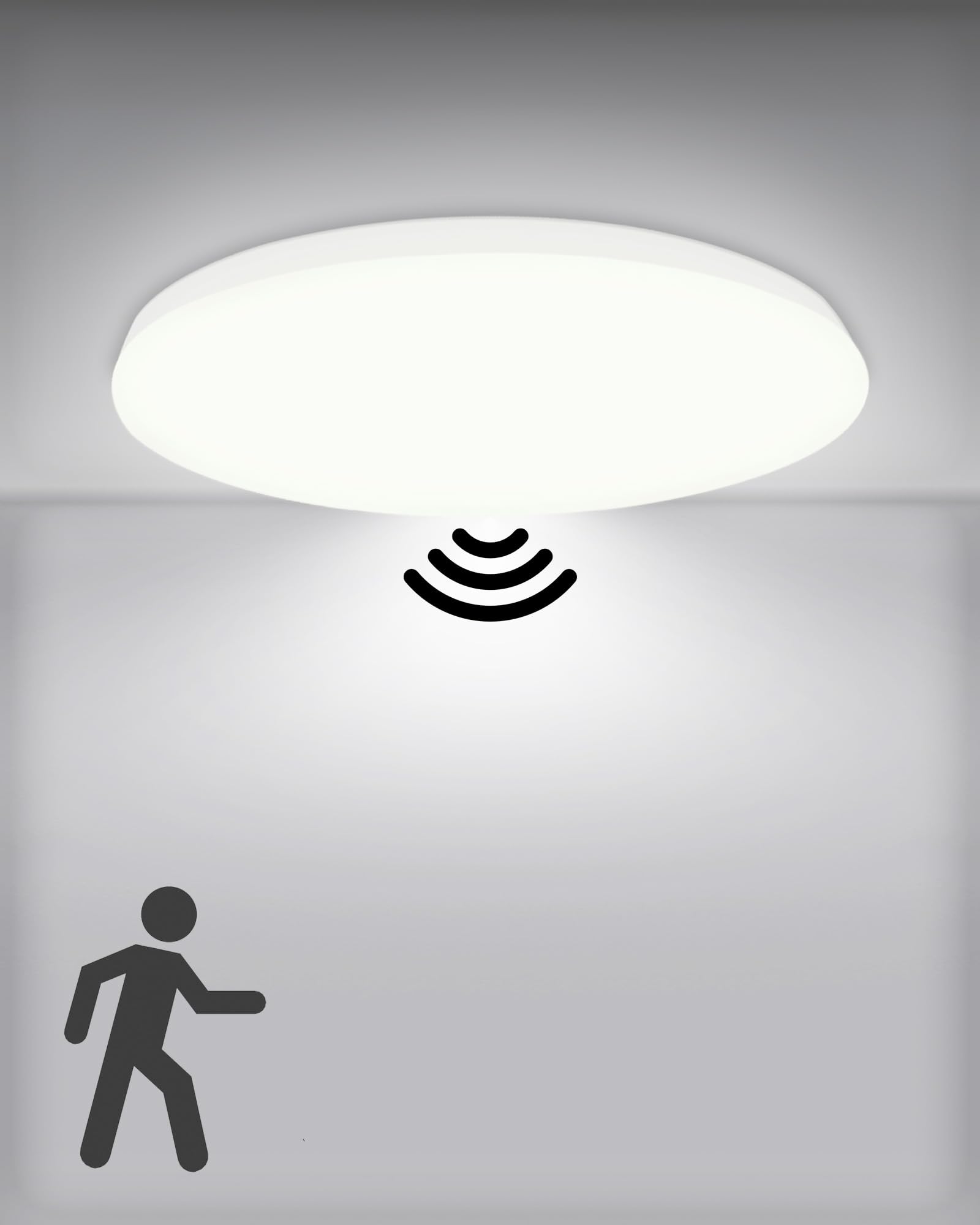 RUIQIO LED Ceiling Light Radar Motion Sensor: 24W Bathroom Lights Ceiling, 6000K Radar Sensor Ceiling Light for Bathroom, Loft, Shed, Garage, Hallway Round 11.8 Inch (1 Pack)
