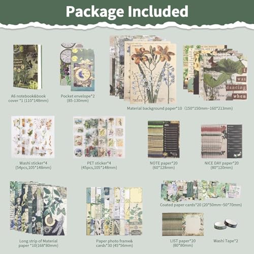 Image of GDNK 346pcs Vintage Journal Scrapbook Pack Kit for Art Journaling Bullet, Planners DIY Paper Stickers, Craft Kits Notebook, Collage Album Aesthetic Sticker (Moonlight) (Green Leaf)