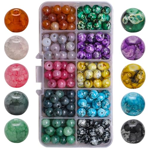 Bolitas para Hacer Pulseras, Abalorios Pulseras, Cuentas de Vidrio Multicolor Patrón de Mármol,Cuentas de Vidrio Craquelado, Manualidad de Bricolaje Pulseras (200 unidades de 8 mm)