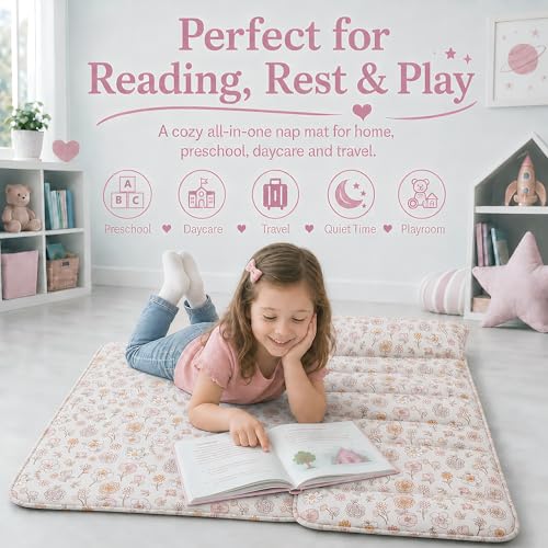 Image of Toddler Nap Mat with Removable Pillow,Ultra Soft Slumber Bags for Girls,Kids Sleeping Bags with Roll Up Design, Perfect for Preschool,Daycare,Kindergarten