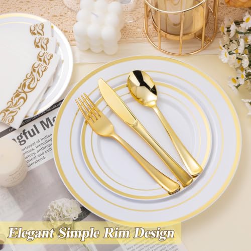 image for BESTSTAR 100PCS White Plastic Plates Set with Gold Rim, 50 10.25 inch 