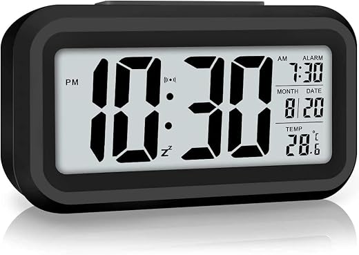 SUEFOR Digital Alarm Clock with Automatic Sensor, Date and Temperature Display, Compact Desk Table Clock for Students, Hom...