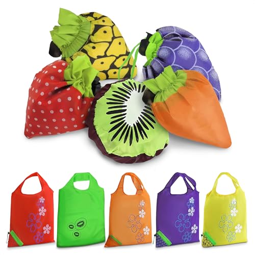 5 PCs Fruit Micro Tote Bag – Reusable Grocery Bags Foldable with 15