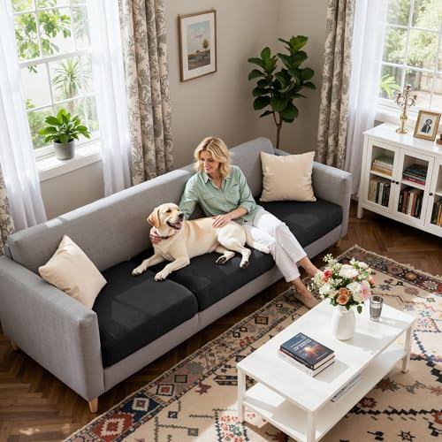 Image of CHUN YI 3 Piece Couch Cushion Covers for XL-Sofa Seat Slipcovers Suitable with Spandex Jacquard Washable Fabric (3 Piece XL-Sofa Cushion Covers, Black)