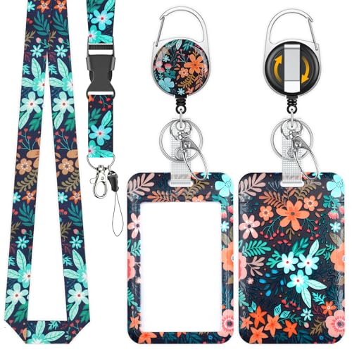 Photo de Uniclife Porte-Badge Coulissant Tendance, Porte-Carte en Plastique à Motif Fleurs avec Enrouleur Badge Rétractable, Mousqueton Dragonne Amovible, Protège-Carte Vertical Employés Bureau, Enseignants