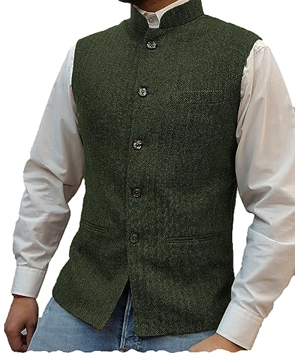 Tuikayoo Mens Herringbone Wool Vests Suit Business Tweed High Collar Waistcoats Slim Fit