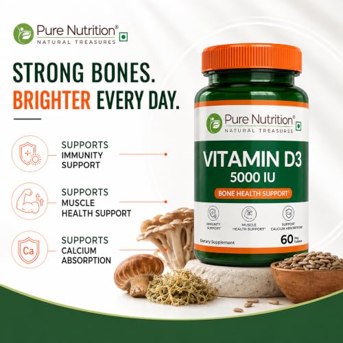 Image of Pure Nutrition Vitamin D3 5000 IU Supplement - 60 Tablets | Vitamin D3 Supplement for Bone & Muscle Health | Supports Calcium Absorption & Immunity