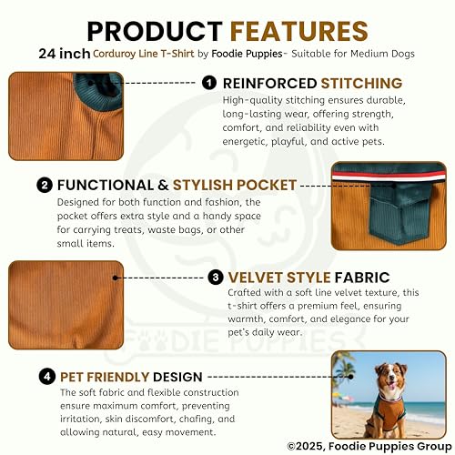 Image of Foodie Puppies Corduroy Line Velvet Pocket T-Shirt Warm Sweater Jacket - (24 inch, Tale & Brown) for Medium to Large Dogs | Soft, Lightweight Pet Apparel with Stylish, Comfortable & Stretchable Outfit