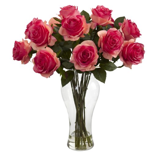 Nearly Natural 1328-DP Blooming Roses with Vase, Dark Pink 13x13x18