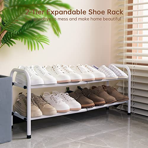 Image of Gonfoam Expandable 2-Tier Shoe Rack for Closet and Entryway, White | Tool-Free Assembly, Metal Material, Adjustable Shoe Organizer, Sturdy, Small Space Solution, Dorms, Garages, Apartments.