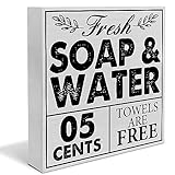Rustikales Badezimmer-Holz-Schild, Schreibtischdekoration, frische Seife und Wasser...