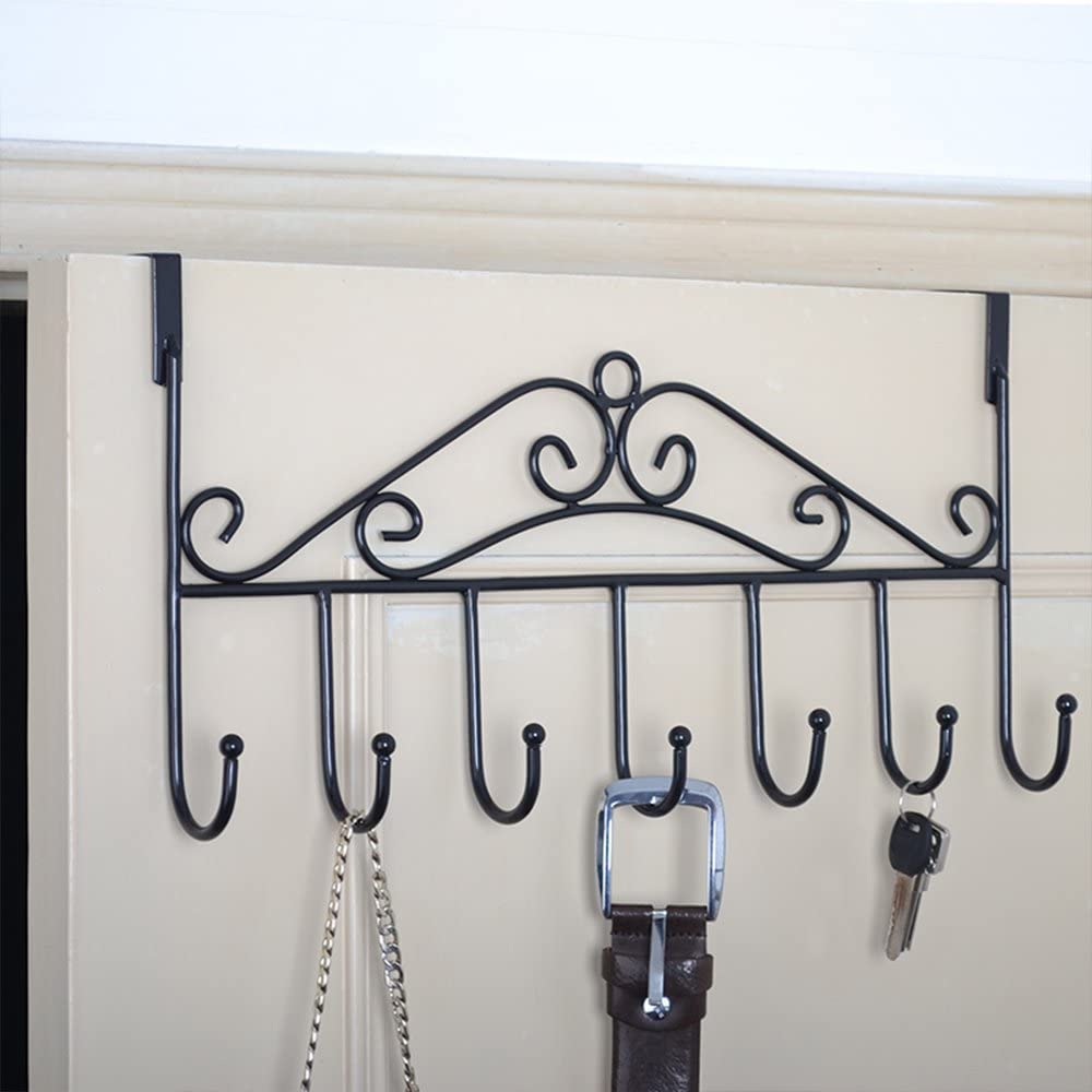 Door Hanger with 7 Hooks Over The Door Hooks,Overdoor Towel Rack,Metal Heavy-Duty Door Hanger Hook Storage Organizer for Hanging (Black)(Pack of 1)-image-11