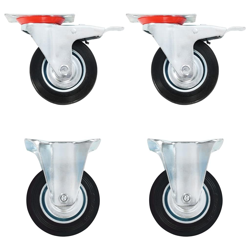 Rollen Set 4 Stk 100 mm aus Gummi und Eisen mit Zinkbeschichtung für Rollwagen, Plattformwagen, Sackkarre, Fördertechnik, Lagerlogistik, Materialtransport, 70 kg je Rolle