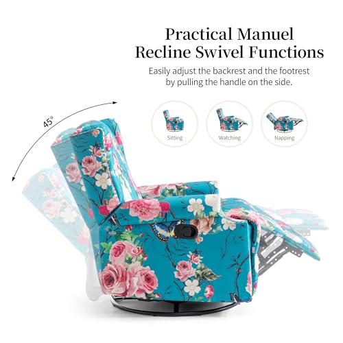 Image of Swivel Rocker Recliner Chairs Set of 2, 360 Swivel Wingback Recliner Chairs for Adults, Upholstered Printed Fabric Glider Rocking Chair with High Back, Deep Seat for Living Romm Bedroom, Peacock Blue