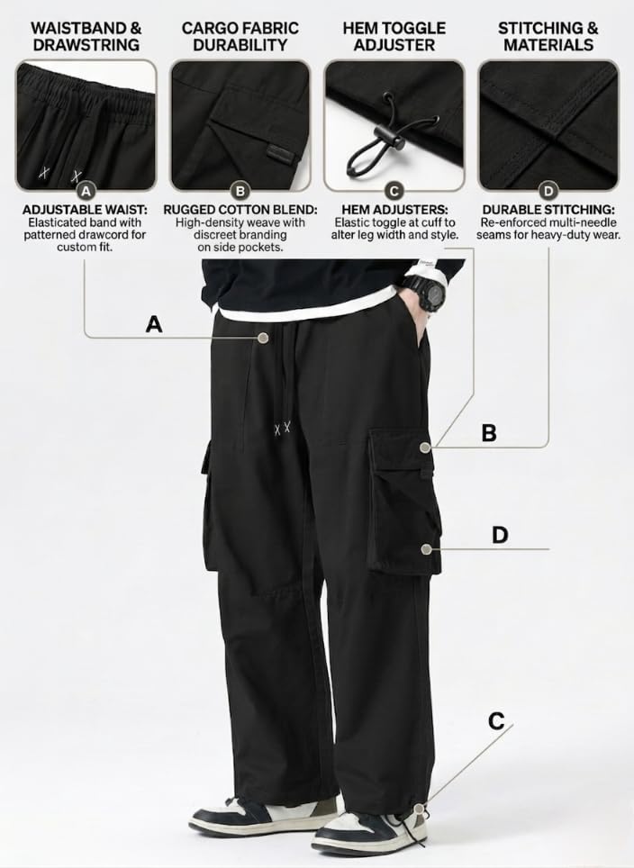 Image of GRECIILOOKS Men's Cargo Pants | 6 Pocket Cotton Cargo Joggers for Men | Loose Fit Stylish Pant with Pockets | Casual Baggy Trousers & Streetwear Lower