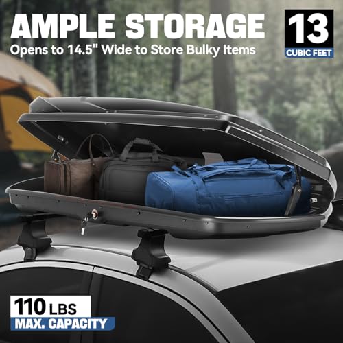 Image of Auto Dynasty Rooftop Cargo Box Hard Shell Carrier Waterproof Storage Case with Locks & Keys Fits Vehicles with Cross Bars, 13 Cubic Feet 110LBS Capacity, 72'' L x 30'' W x 12'' H, Glossy Black