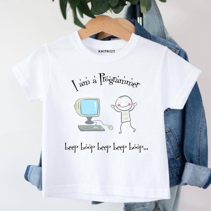 Image of KNITROOT Programmer Special, I Am A Programmer Beep Boop Beep Boop, T-Shirt, Unisex Baby Kids Half Sleeve Regular FIt 100% Cotton White Tshirt, Kids Cloths for Boys & Girls