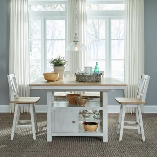 Liberty Furniture Lindsey Farm 5 Piece Gathering Table Dining Room Set Counter Height 36" Farmhouse - 4 Splat Back Chairs - Weathered White & Sandstone Wood