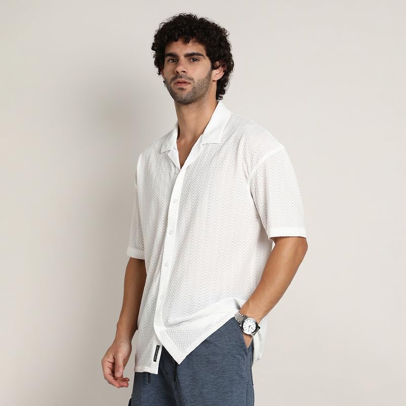 Image of CAHOOT Men's Oversized Shirt for Casual Wear | Cuban Collar | Short Regular Sleeves | Button Closure | Oversized Shirt Crafted with Comfort Fit for Everyday Wear