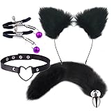 Wolf Fox Furry Tail Plug and Ears Headband Animal Costume Fancy Dress Halloween Adjustable Faux Fur Tail and Ears (Black)