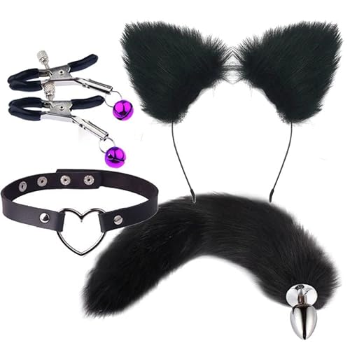 Ctallthy Wolf Fox Furry Tail Plug and Ears Headband Animal Costume Fancy Dress Halloween Adjustable Faux Fur Tail and Ears - Black