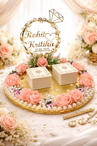 Image of Engagement Ring Platter, Ring Platter for Ring Ceremony,10x10x8 inch, 2 Ring Boxes, Peach Theme, Artificial Flowers - Customised