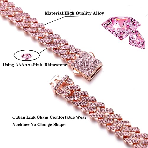 HIPBLING Cuban Link Chain for Women Diamond Miami Cuban Choker Necklace 12mm Pink Crystal Iced Out Chain Bling Hip Hop Jewelry for Womens Gift3