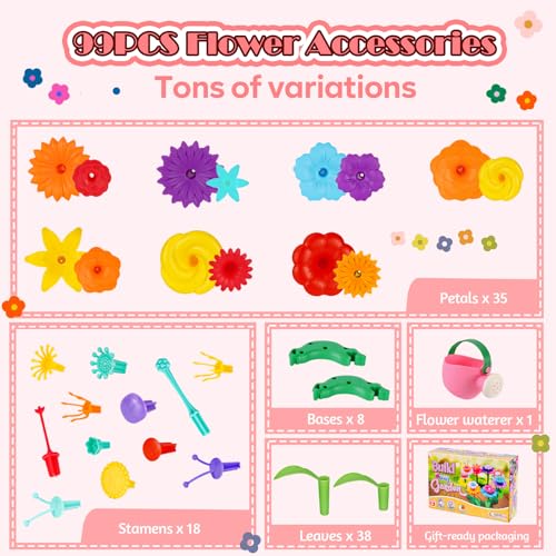 Image of FUNZBO 99pcs Girls Flower Garden Building Toys Set - Spring Toys for 3 4 5 6 7 8 9 Years Old Girls, STEM Montessori Educational Toys for Toddlers Kids,Sorting & Stacking Toy for Birthday Gifts
