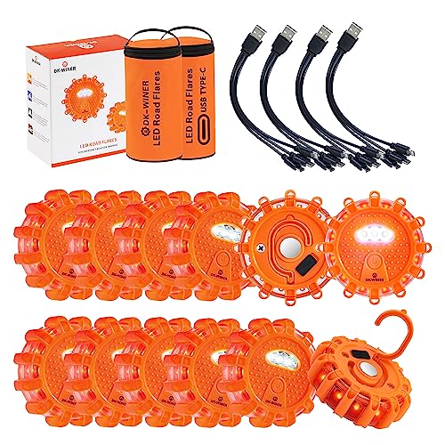 DK-WINER LED Road Flares 6Pack Roadside Emergency car kit Emergency Road Flares Kit with Magnetic Base for Vehicles & Boat | 9 Flash Modes(with Batteries) (12pack rechargeable)