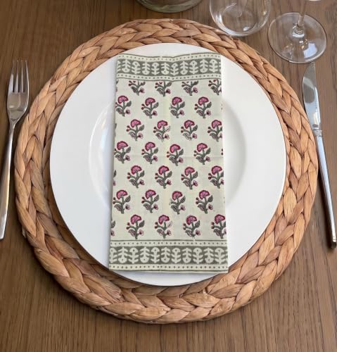 Image of BLOCKS OF INDIA Hand Block Print Cotton Table Napkin Set of 6 (Pink Grey BUTI)
