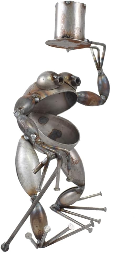 Top Hat Frog Sculpture, American Made Reclaimed Metal, 14"