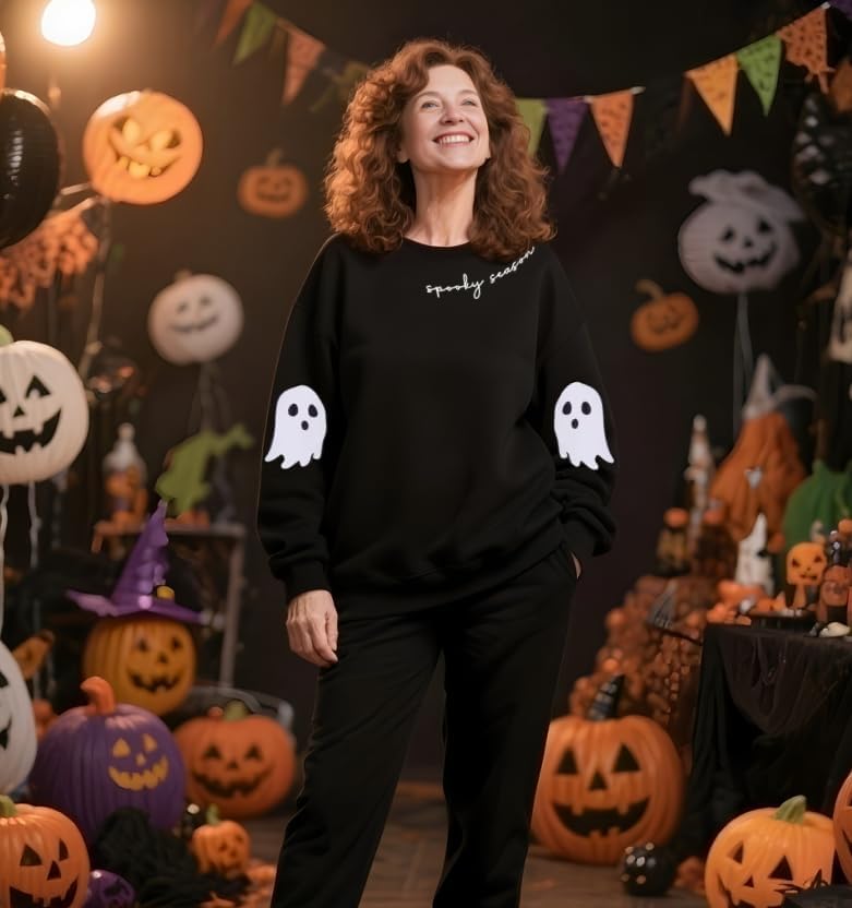 Halloween Ghost Malone Sweatshirts for Women Spooky Season Sweatshirt Cute Ghost Graphic Pullover Halloween Sweater - Image 4