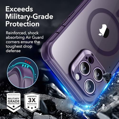 Image of ESR for iPhone 14 Pro Max Case, Compatible with MagSafe, Full-Body Military-Grade Drop Proof Case with Built-in 9H+ Tempered Glass Screen Protector, Armor Series, Clear Purple