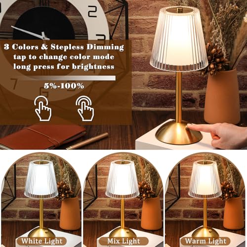 Image of Liliful 4 Pcs Cordless Table Lamp Rechargeable Touch LED Small Gold Portable Battery Operated USB-c Desk Lamp 3 Color Dimmable for Bedroom Living Room Dining (Gold,Hollow Lined Style)