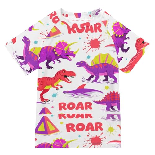 Cartoon Dinosaur Roaring Red White Short Sleeve Bathing Suit Girls Girls Rashguard Swimsuit Girl Rash Guard for 3-12 Years Traje de bano para nino