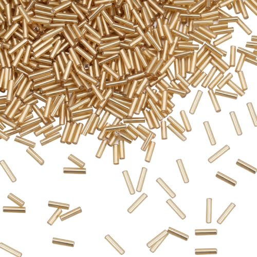 SUNNYCLUE 1 Box 2207pcs Gold Bugle Beads Bulk Glass Bugle Seed Beads Small Long Round Opaque Tube Loose Spacer Craft Bead for Jewellery Making Beading Sewing Supplies Bracelet Necklace Earrings