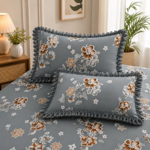 Image of Fitted Bedsheet Queen Size 300 TC Soft Cotton Feel Microfiber All Around Elastic Fitted Double Bedsheet with 2 Frill Pillow Covers | Size (60x78) Gey Flower