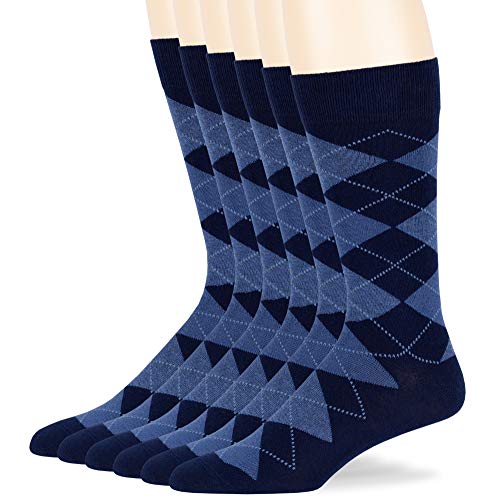 Men Dress Argyle Cotton Socks - 6 Pack - Large - Casual Seamless Socks Size 10-13 Shoe Size 6-12 L Dark Navy (AR02)